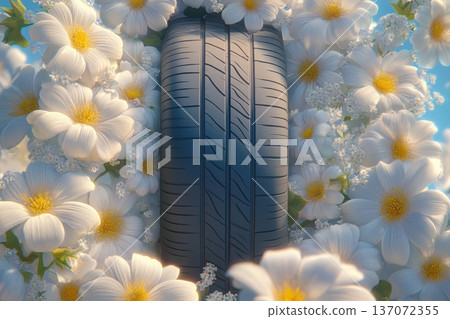 Summer Car Tire Surrounded by Blooming Flowers in Bright Spring Sunlight Summer Car Tire Surrounded by Blooming Flowers in Bright Spring Sunlight 137072355