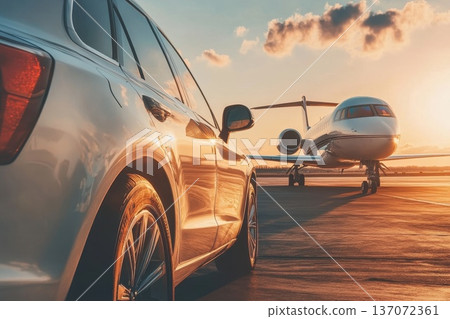 Serene Airport Scene with Luxury Sedan Parked Near Private Jet at Sunset Serene Airport Scene with Luxury Sedan Parked Near Private Jet at Sunset 137072361