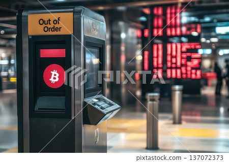 Futuristic Bitcoin ATM Displaying Out of Order Sign in Modern Urban Environment 137072373