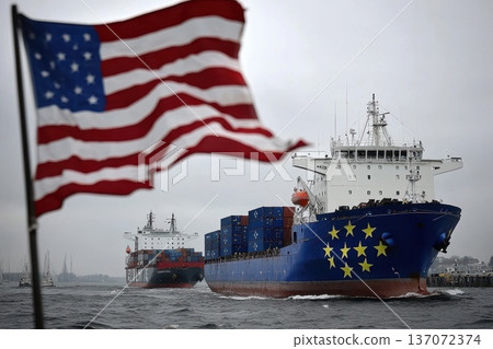 Cargo Ship Transporting Containers in USA Waters with Flag in Foreground 137072374