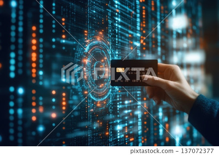 Hand Holding Credit Card for Scanning Against Abstract Digital Background with Lights 137072377