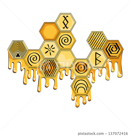 Honeycomb with bee honey decorated doodle ancient and tribal symbols. Organic and wild honey concept. Vector isolated hand drawn illustration 137072416