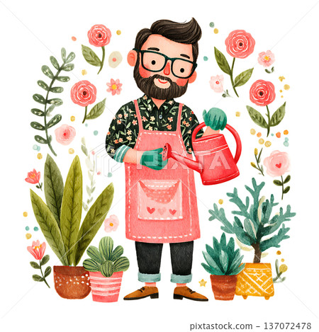 vector set of floral gardener holding potted plants 137072478