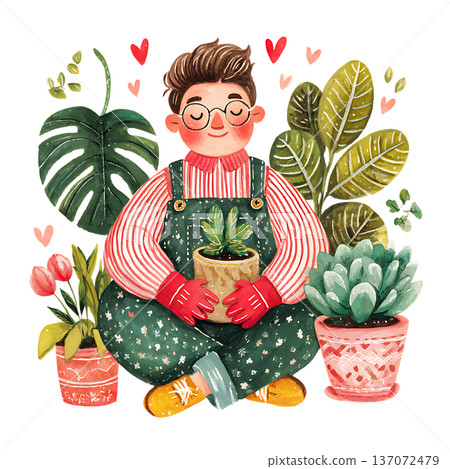 vector set of floral gardener holding potted plants 137072479