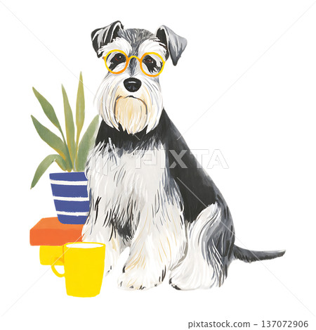 watercolor illustration of cute puppy sitting and playing 137072906