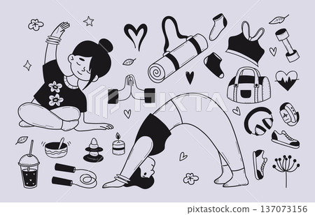 Holistic Yoga Fitness Doodle Set. Woman Poses, Namaste Hands, Equipment, And Spiritual Accessories, Clothing, Pilates sneakers. Isolated Vector hand-drawn. Not AI Holistic Yoga Fitness Doodle Set. Woman Poses, Namaste Hands, Equipment, And Spiritual Accessories, Clothing, Pilates sneakers. Isolated Vector hand-drawn. Not AI 137073156