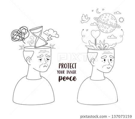 Senior Mental Health Progress. Outline Elderly Man Before and After Stress Transformation with and Positive Quote Wellness Coloring Page, Line drawing. Isolated Vector Illustration. Not AI 137073159
