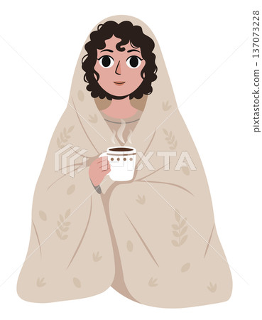 Cozy vector illustration of a woman wrapped in a warm blanket, holding a hot drink, perfect for hygge and comfort concepts 137073228