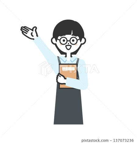 Illustration of a person wearing an apron holding a book and pointing up 137073236