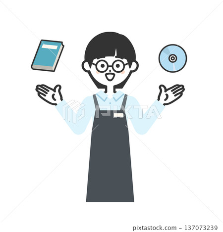 Illustration of a person wearing an apron comparing a book and a disc 137073239