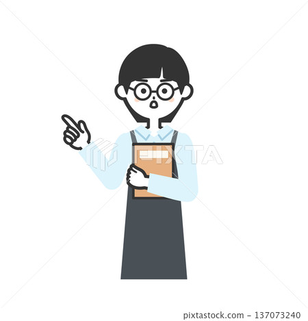 Illustration of a person wearing an apron with a serious face holding a book and pointing Illustration of a person wearing an apron with a serious face holding a book and pointing 137073240