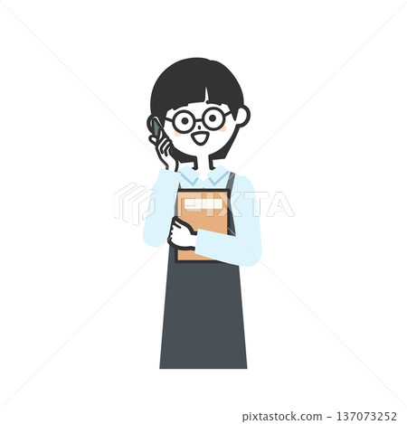 Illustration of a person wearing an apron holding a book and talking on a smartphone 137073252