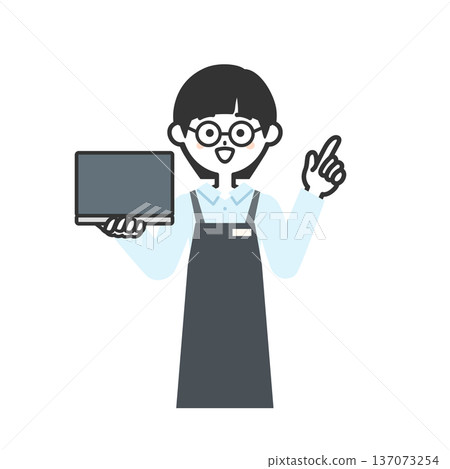 圖：一名身穿圍裙的人手持筆記型電腦並指向某處 137073254