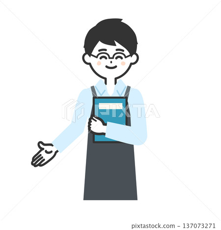 Illustration of a person wearing an apron holding a book and pointing down Illustration of a person wearing an apron holding a book and pointing down 137073271