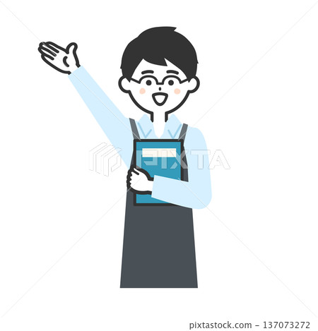 Illustration of a person wearing an apron holding a book and pointing up Illustration of a person wearing an apron holding a book and pointing up 137073272