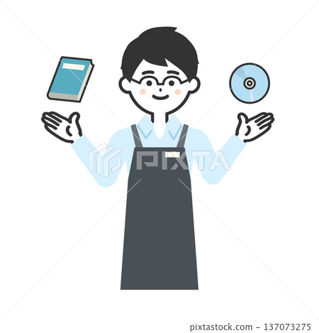圖：一位身穿圍裙的人正在比較一本書和一張光碟 137073275