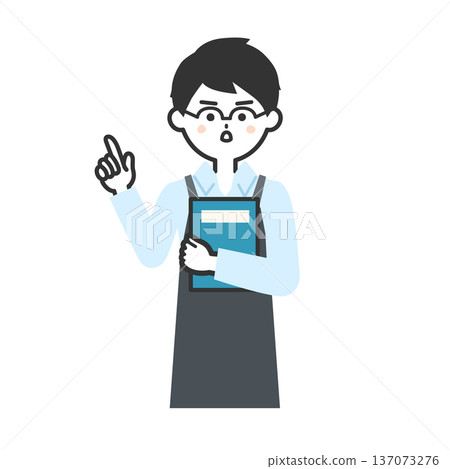 Illustration of a person wearing an apron with a serious face holding a book and pointing Illustration of a person wearing an apron with a serious face holding a book and pointing 137073276
