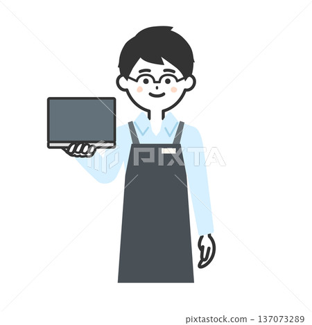 圖：一個穿著圍裙、手持筆記型電腦的人 137073289