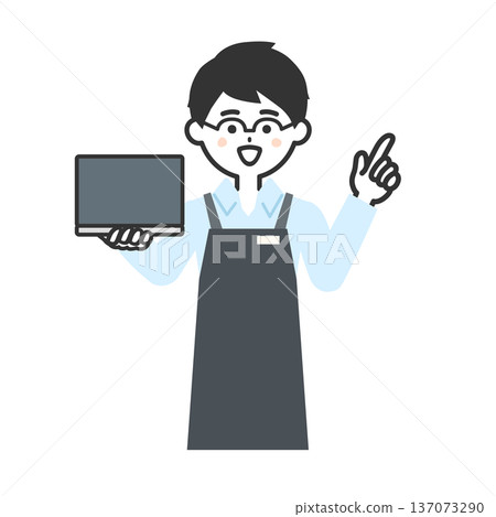 Illustration of a person wearing an apron holding a laptop and pointing 137073290