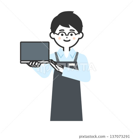 Illustration of a person wearing an apron pointing at a laptop 137073291