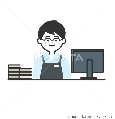Illustration of a person wearing an apron sitting at a counter 137073295
