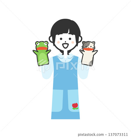 圖：一位身穿圍裙、手持手偶的女子 137073311