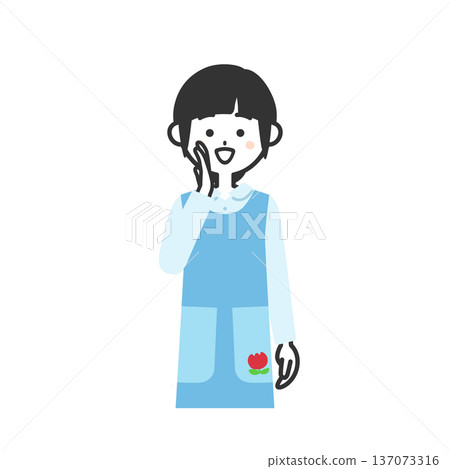 Illustration of a woman wearing an apron calling with her hand over her mouth 137073316