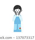 Illustration of a woman wearing an apron calling with both hands over her mouth 137073317