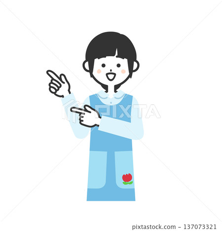 圖:一位身穿圍裙的女子雙手指向前方 圖:一位身穿圍裙的女子雙手指向前方 137073321
