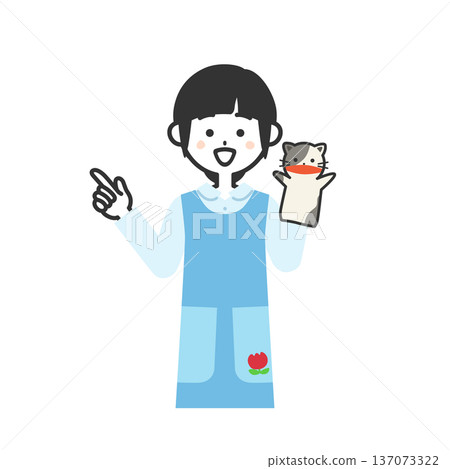 Illustration of a woman wearing an apron and pointing with a puppet 137073322