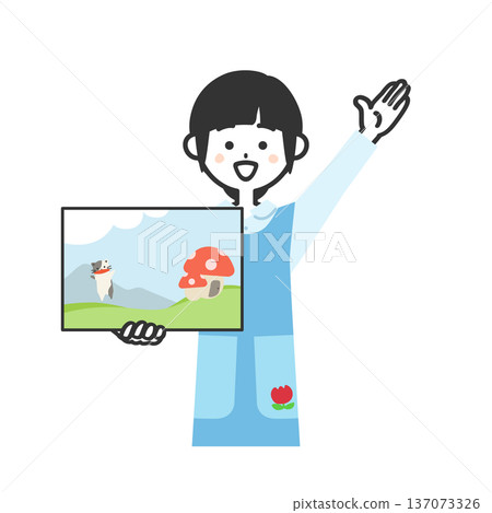 Illustration of a woman wearing an apron performing a Kamishibai Illustration of a woman wearing an apron performing a Kamishibai 137073326