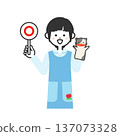 Illustration of a woman wearing an apron and holding a round tag with a puppet 137073328