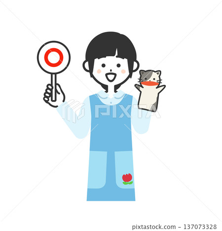 插圖描繪了一位身穿圍裙、手持圓形標籤的女子，標籤上有一個木偶。 137073328