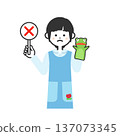 Illustration of a woman in an apron wearing a puppet and holding a bad sign 137073345