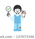 Illustration of a woman in an apron wearing a puppet and holding a check mark tag 137073346