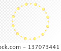 Golden glowing circular garland frame with bright festive lights on transparent background 137073441