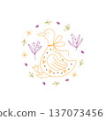 Hand drawn doodle spring goose with flowers drawing 137073456