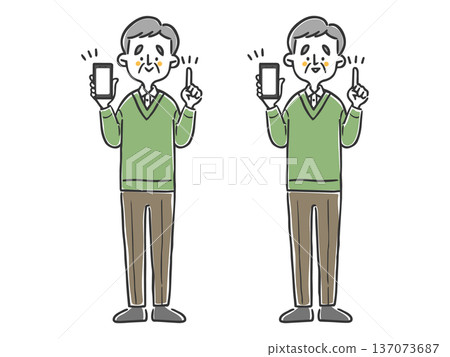 Illustration set of a senior man explaining with a smartphone, full body, vector Illustration set of a senior man explaining with a smartphone, full body, vector 137073687