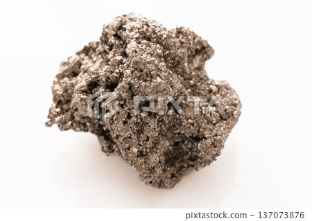 Metallic Pyrite Crystal Cluster with Sparkling Golden Texture on White Background Metallic Pyrite Crystal Cluster with Sparkling Golden Texture on White Background 137073876