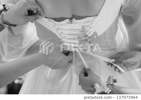Black and White Wedding Dress Back Lacing by Bridesmaids in Elegant Lace and Beaded Corset Style 137073964