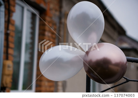 White and Rose Gold Balloons Floating Near Brick Building with Window in Soft Natural Light White and Rose Gold Balloons Floating Near Brick Building with Window in Soft Natural Light 137074003