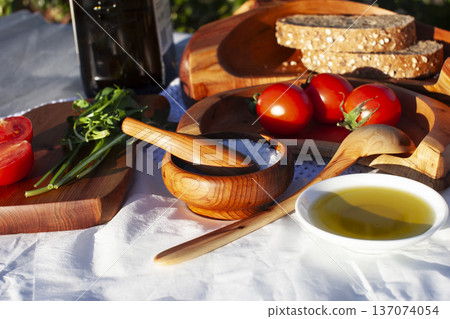 colorful rustic style lunch background with wooden plates and food colorful rustic style lunch background with wooden plates and food 137074054