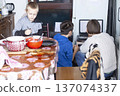 big family having dinner with mother working on laptop, lifestyle people concept 137074337