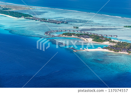 Stunning Aerial Travel Landscape Maldives Luxury Resort Ocean Beach Villas Reef Summer Vacation Background View 137074557