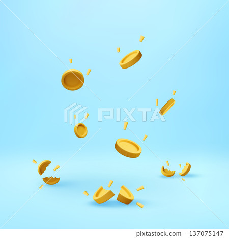3d Flying gold coin with broken parts. 137075147