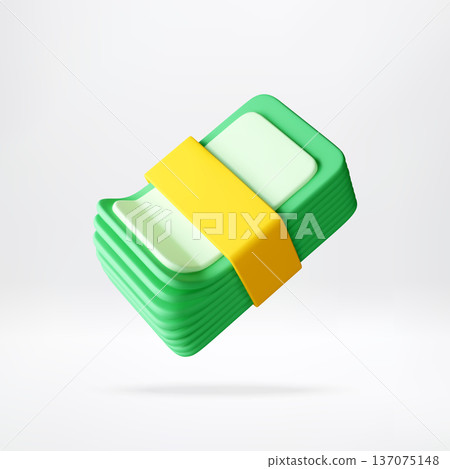 3d Stack of green paper bills with a yellow ribbon 3d Stack of green paper bills with a yellow ribbon 137075148