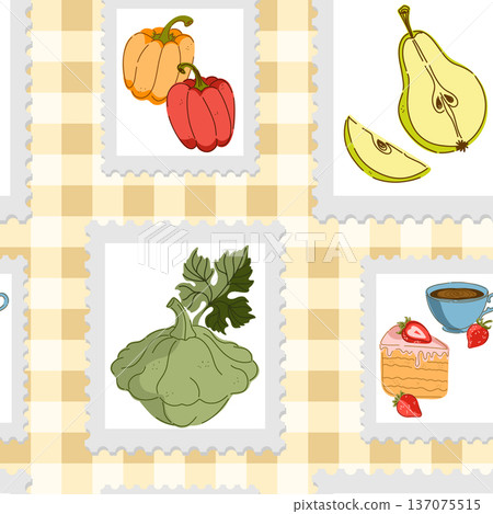 Cozy stamps featuring food images, a rustic checkered background, and a seamless surface pattern. The atmosphere of a home or cozy cafe. Cozy stamps featuring food images, a rustic checkered background, and a seamless surface pattern. The atmosphere of a home or cozy cafe. 137075515