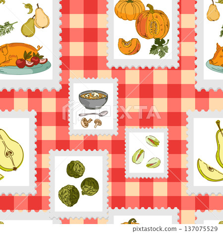 Cozy stamps featuring food images, a rustic checkered background, and a seamless surface pattern. The atmosphere of a home or cozy cafe. Cozy stamps featuring food images, a rustic checkered background, and a seamless surface pattern. The atmosphere of a home or cozy cafe. 137075529