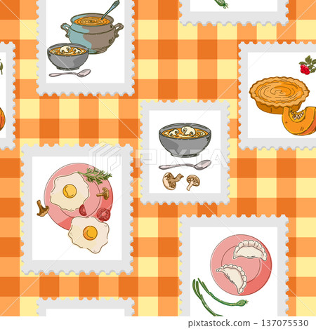 Cozy stamps featuring food images, a rustic checkered background, and a seamless surface pattern. The atmosphere of a home or cozy cafe. Cozy stamps featuring food images, a rustic checkered background, and a seamless surface pattern. The atmosphere of a home or cozy cafe. 137075530