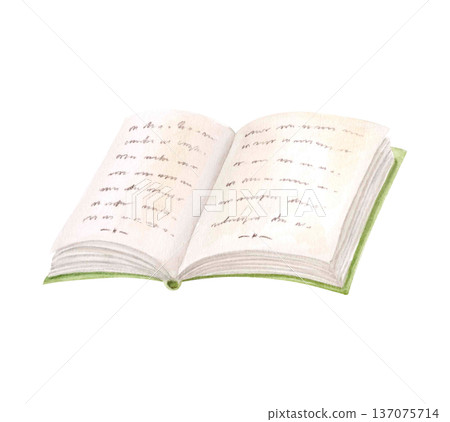 Watercolor illustration of vintage open book with text isolated on white. Cozy reading concept for literature themed designs. 137075714